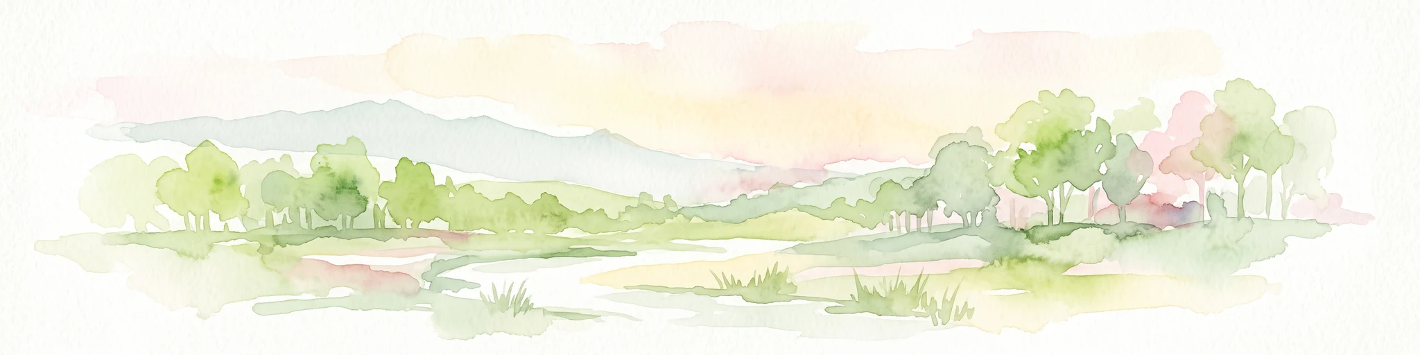 Una suave ilustración en acuarela de un paisaje de bosque herbáceo con árboles dispersos, colinas onduladas al fondo y un pequeño arroyo serpenteante en primer plano.