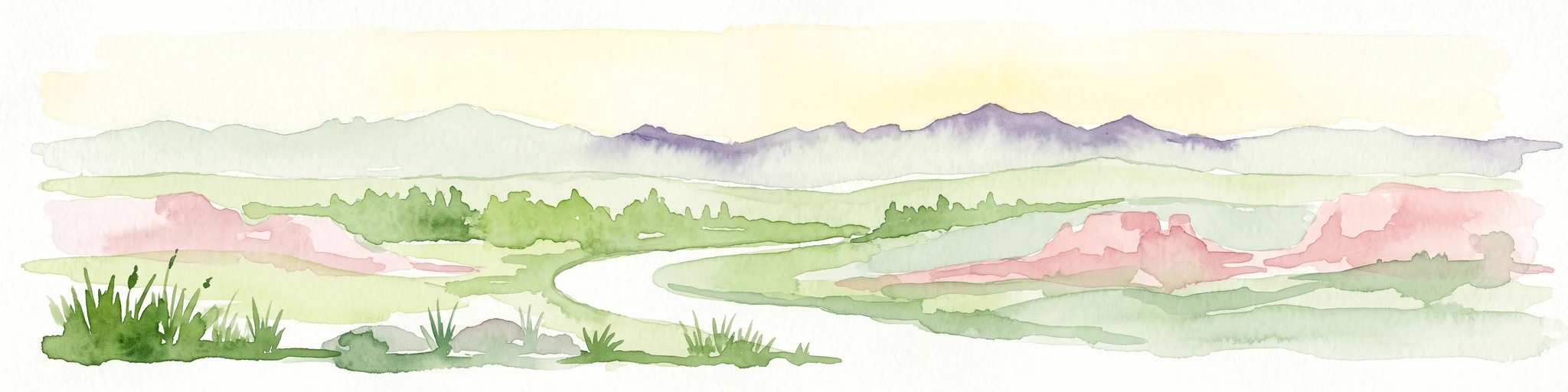 A horizontal watercolor illustration depicting a desert landscape with distant purple mountain peaks, rolling green hills, and a winding path, rendered in soft, light colors.