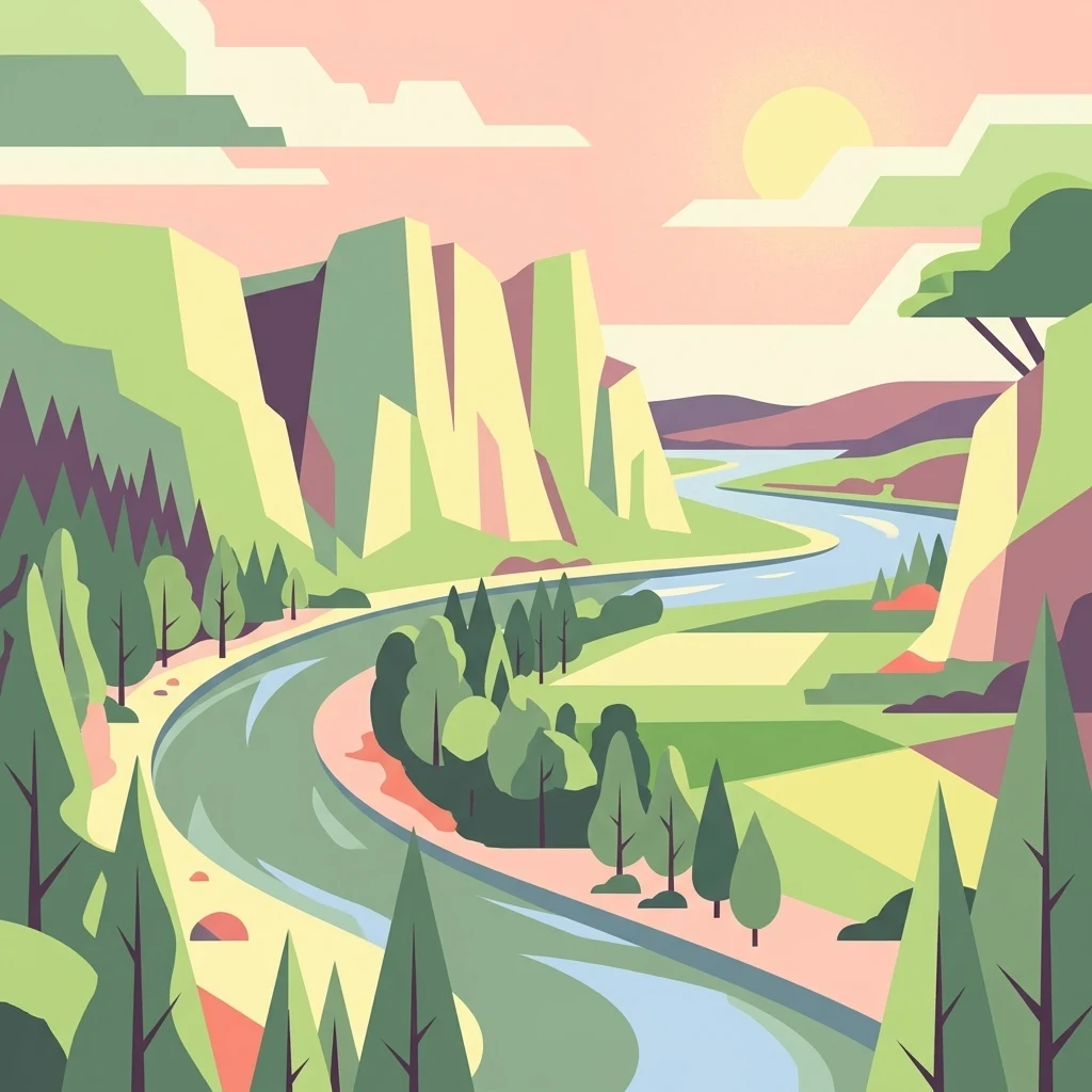 A flat-style digital illustration of a winding river flowing through a lush valley between steep cliffs at sunset.