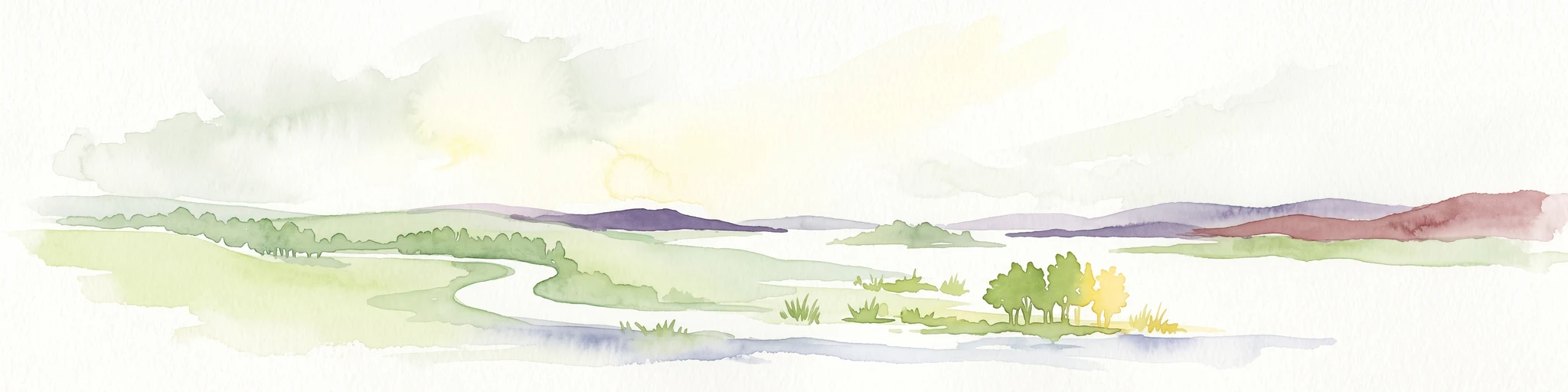 Una ilustración en acuarela de un paisaje fluvial con llanuras verdes, un río serpenteante y colinas onduladas al fondo.