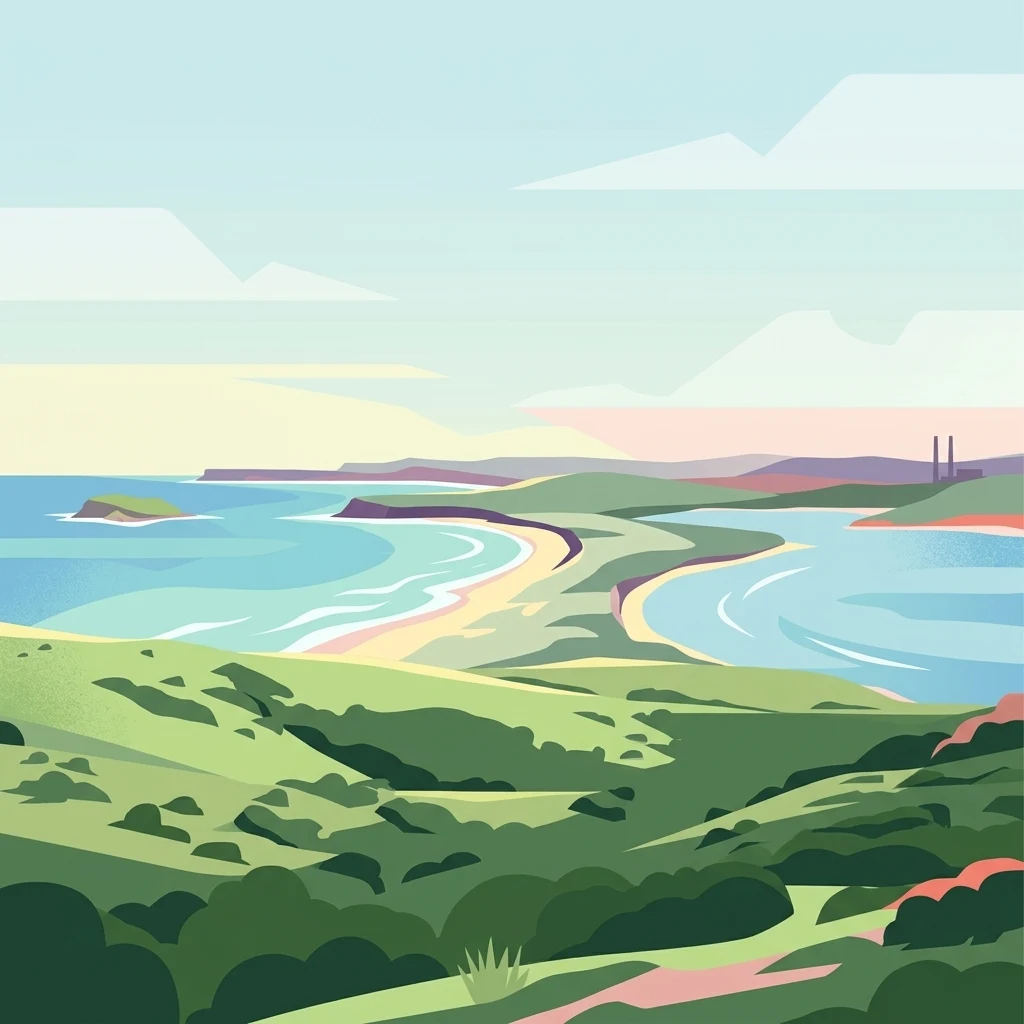 A minimalist flat illustration showing a coastal scene with green rolling hills, a sandy beach, blue water, and a distant industrial chimney stack on the horizon.