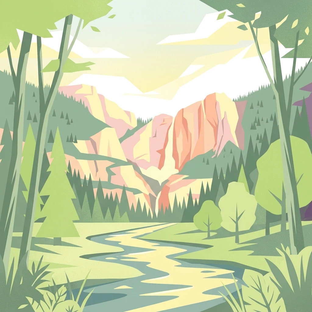 Stylized graphic illustration depicting a valley with a winding river in the foreground, coniferous trees, and tall rocky cliffs in the background under a soft light.