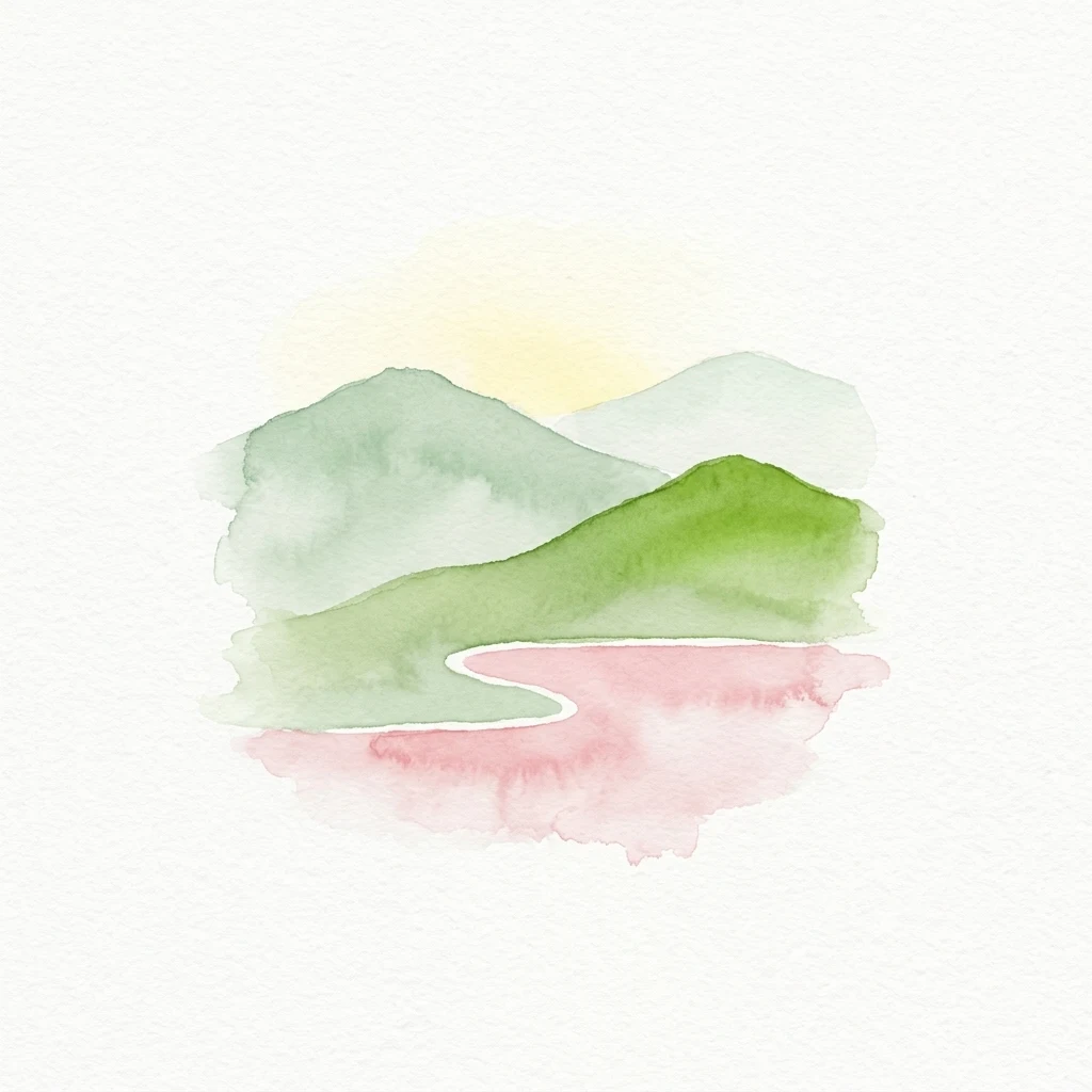 Watercolor painting of green mountains and a pink lake under a yellow sky.