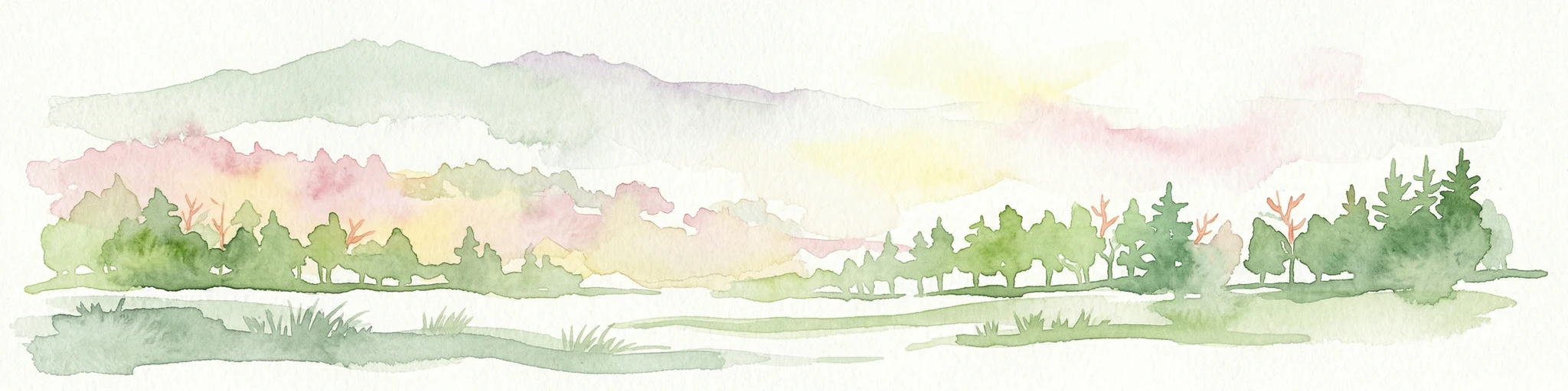Ilustración en acuarela de un paisaje boscoso con montañas, árboles y un río