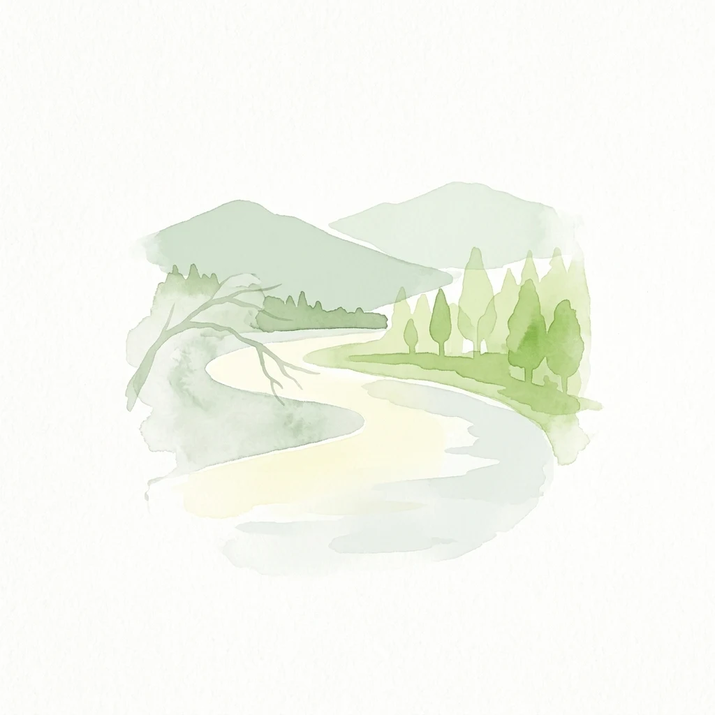 Watercolor painting of a winding river with hills, trees, and a bare tree branch