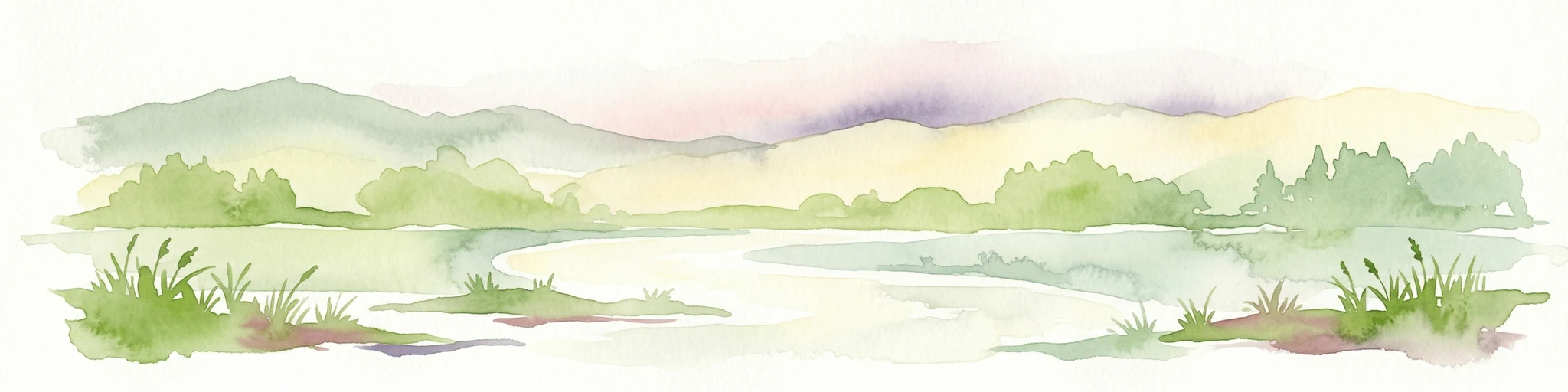Ilustración en acuarela que muestra un río, orillas cubiertas de hierba, árboles distantes y colinas bajo un cielo suave