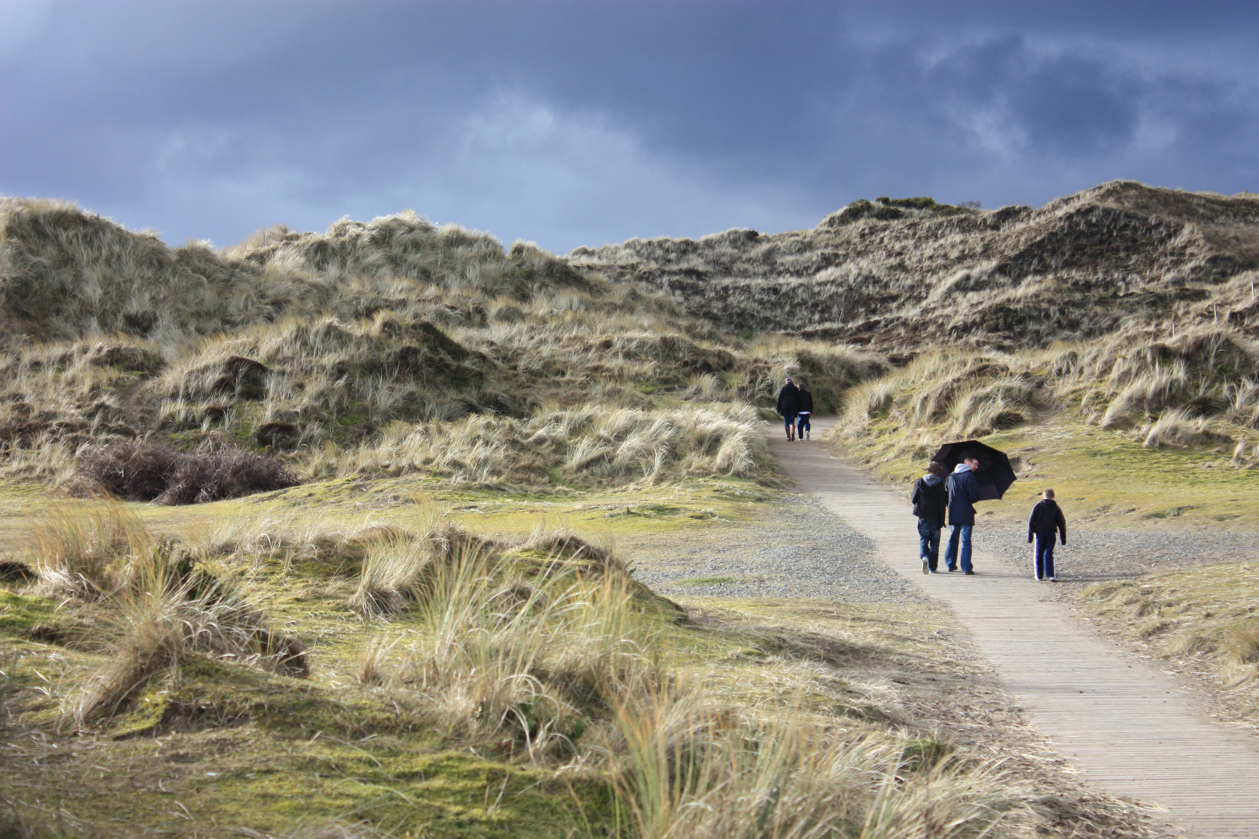 A group of people walking on a gravel path through grassy sand dunes under a dark, cloudy sky.