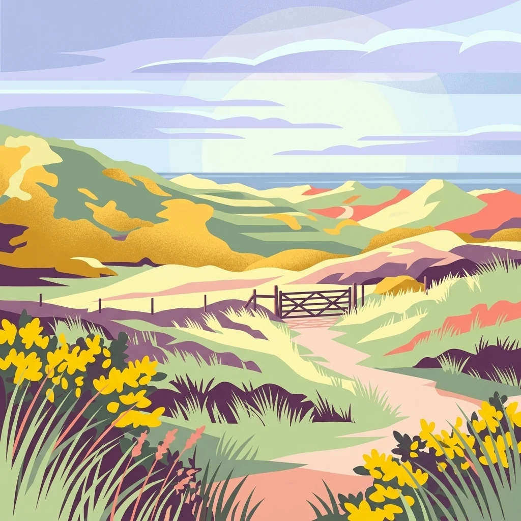Una ilustración digital colorida de un paisaje de dunas de arena costeras con un sendero que conduce hacia una verja, rodeado de hierbas y flores silvestres amarillas, con un atisbo del océano a lo lejos.