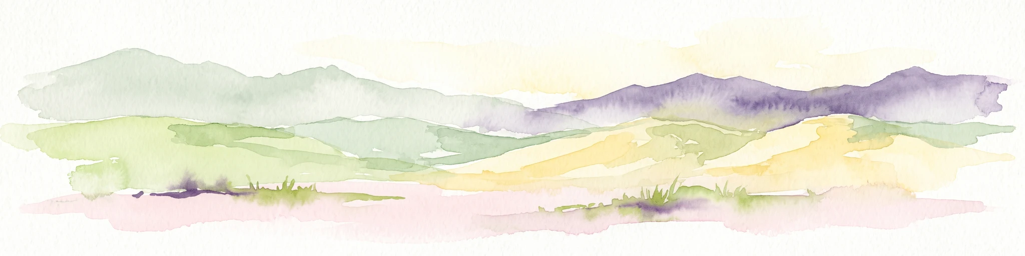 Watercolor painting of soft, rolling green hills and dunes with purple mountain peaks in the distance against a white background.