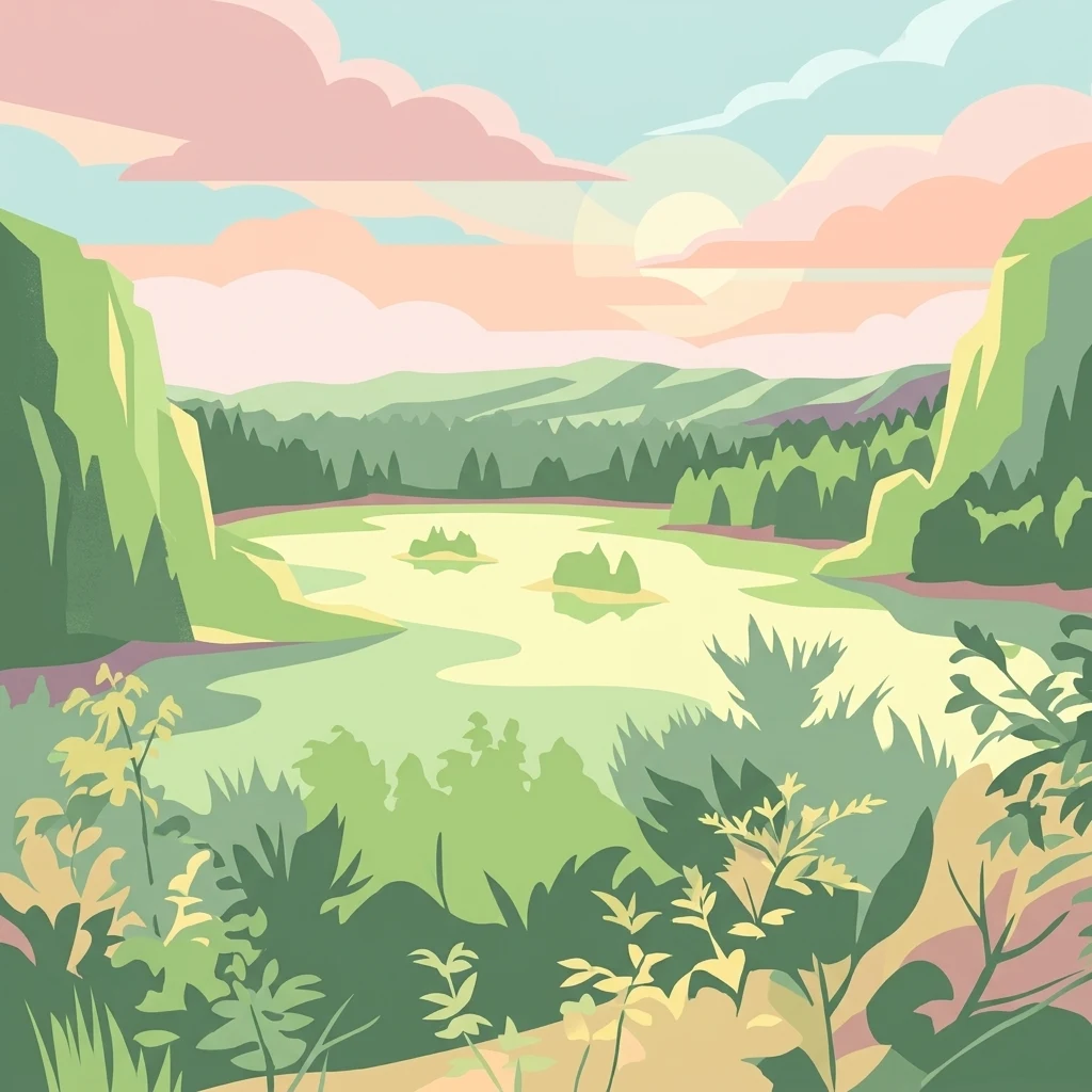 A graphic illustration of a lake landscape featuring soft-toned hills, trees, and cloudy skies in pastel colors.