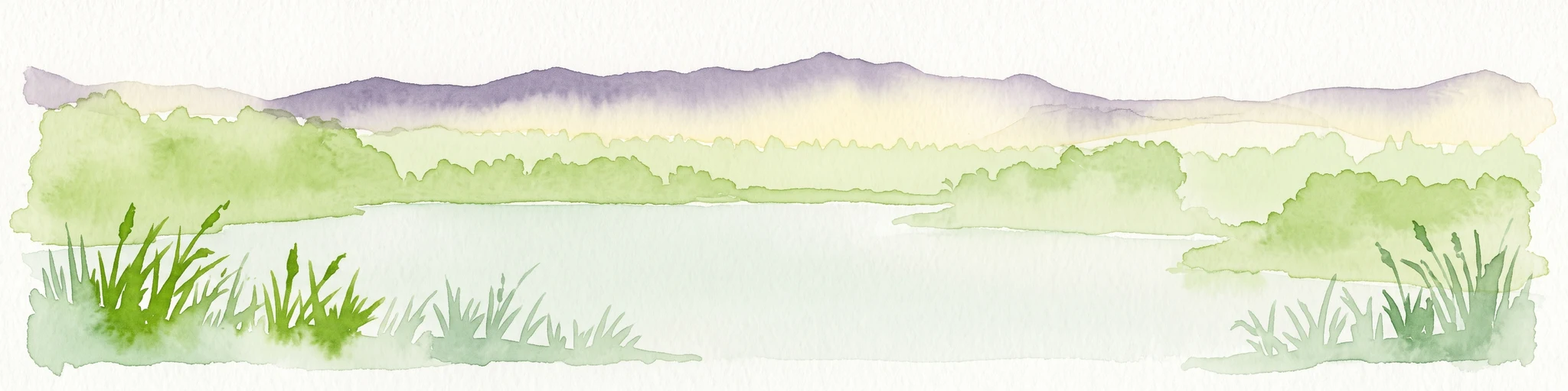 A horizontal watercolor illustration depicting a calm lake with grassy foreground reeds and distant soft purple hills under a clear sky.