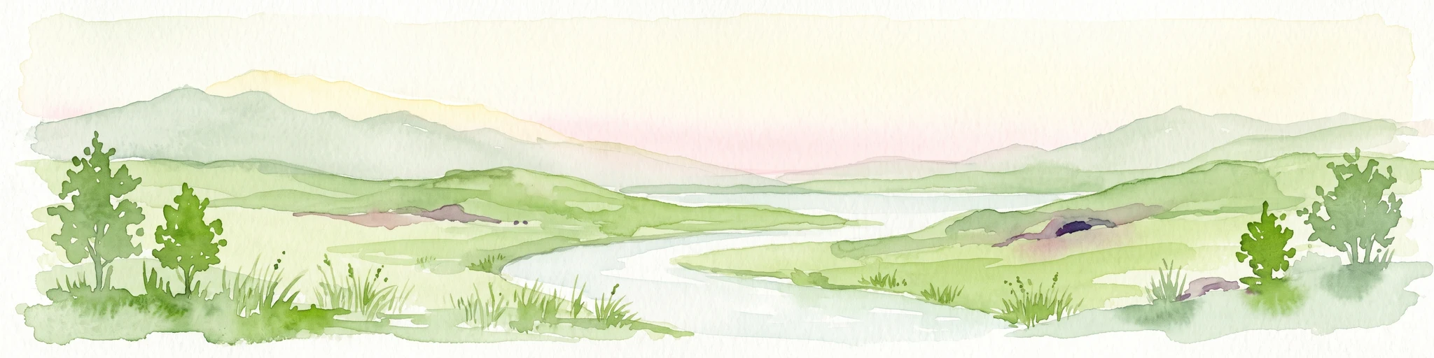 Una ilustración en acuarela que representa un paisaje suave y verde de colinas onduladas con un río serpenteando entre ellas, enmarcado por montañas lejanas.