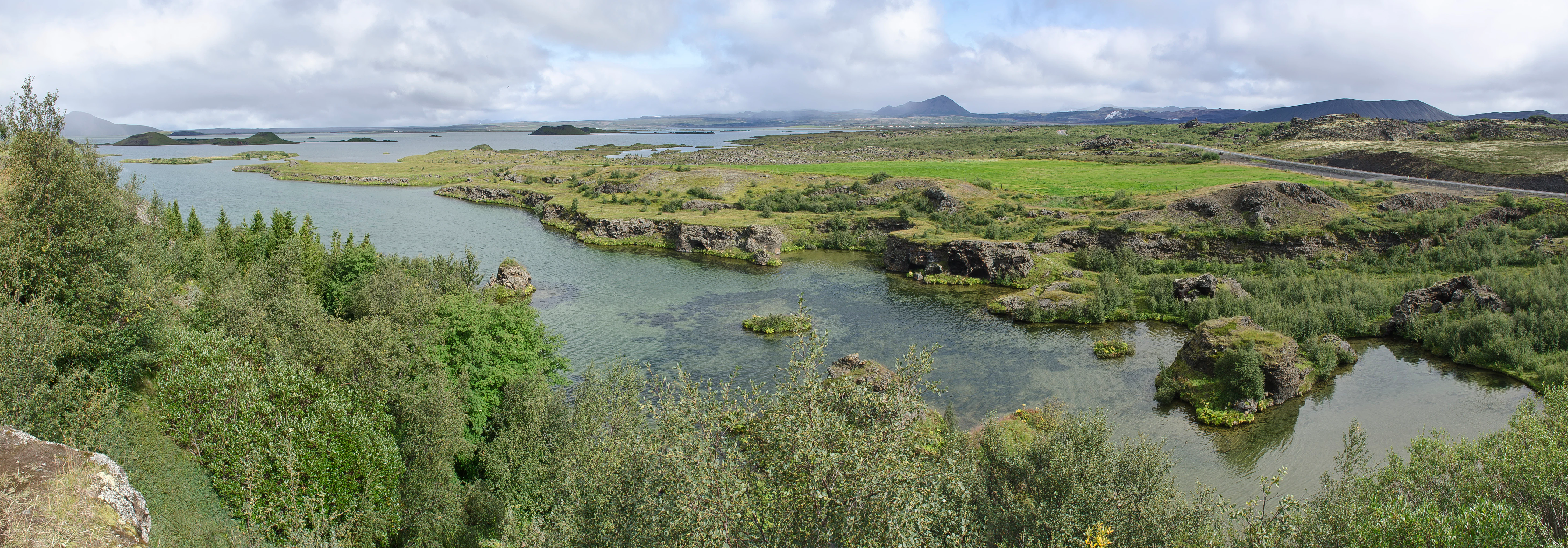 Panoramic landscape shot of Mývatn lake in Iceland, featuring green vegetation, rocky volcanic outcrops, small islets, and a distant horizon under a cloudy sky.