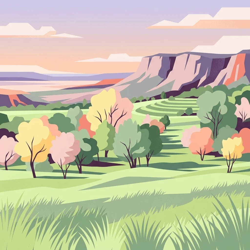 Ilustración digital estilizada de un paisaje sereno con suaves colinas de hierba verde, árboles coloridos en tonos rosa, amarillo y verde, y una prominente cresta rocosa al fondo bajo un cielo de suave atardecer.