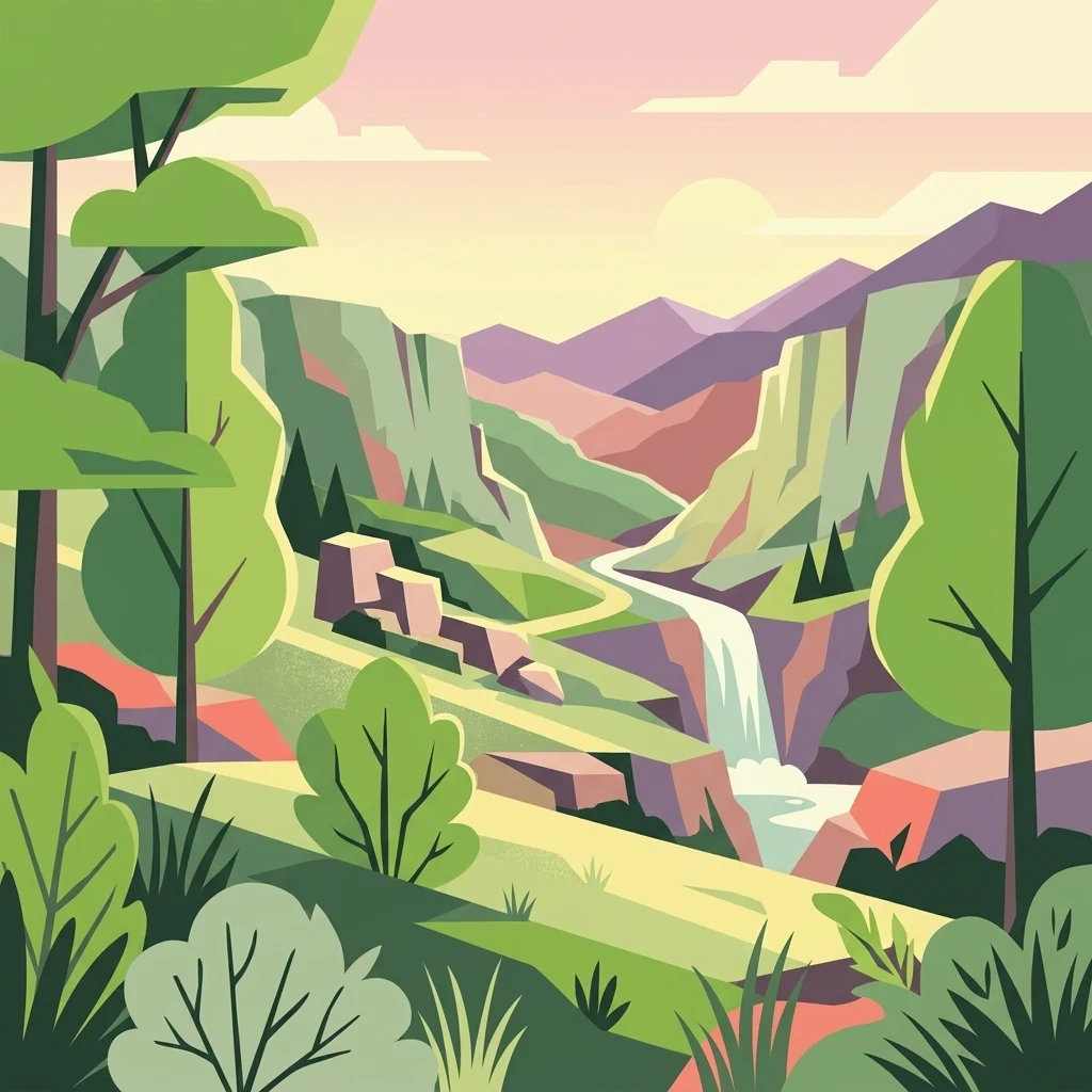 A flat-style digital illustration showing a valley with green trees, rocky cliffs, and a waterfall cascading down, set against a backdrop of distant purple mountains under a soft sky.