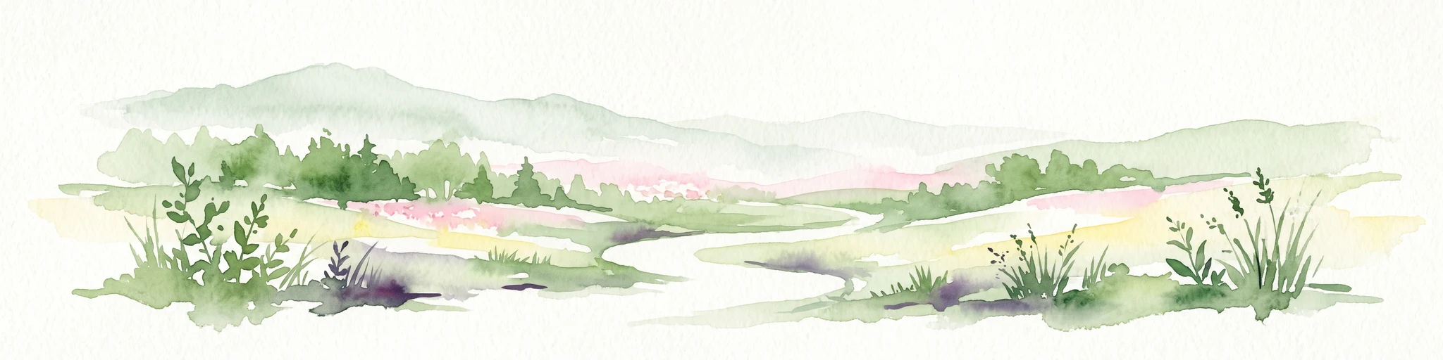 A horizontal watercolor illustration depicting a soft, rolling landscape with green hills, a small winding stream, and meadow vegetation on a white background.