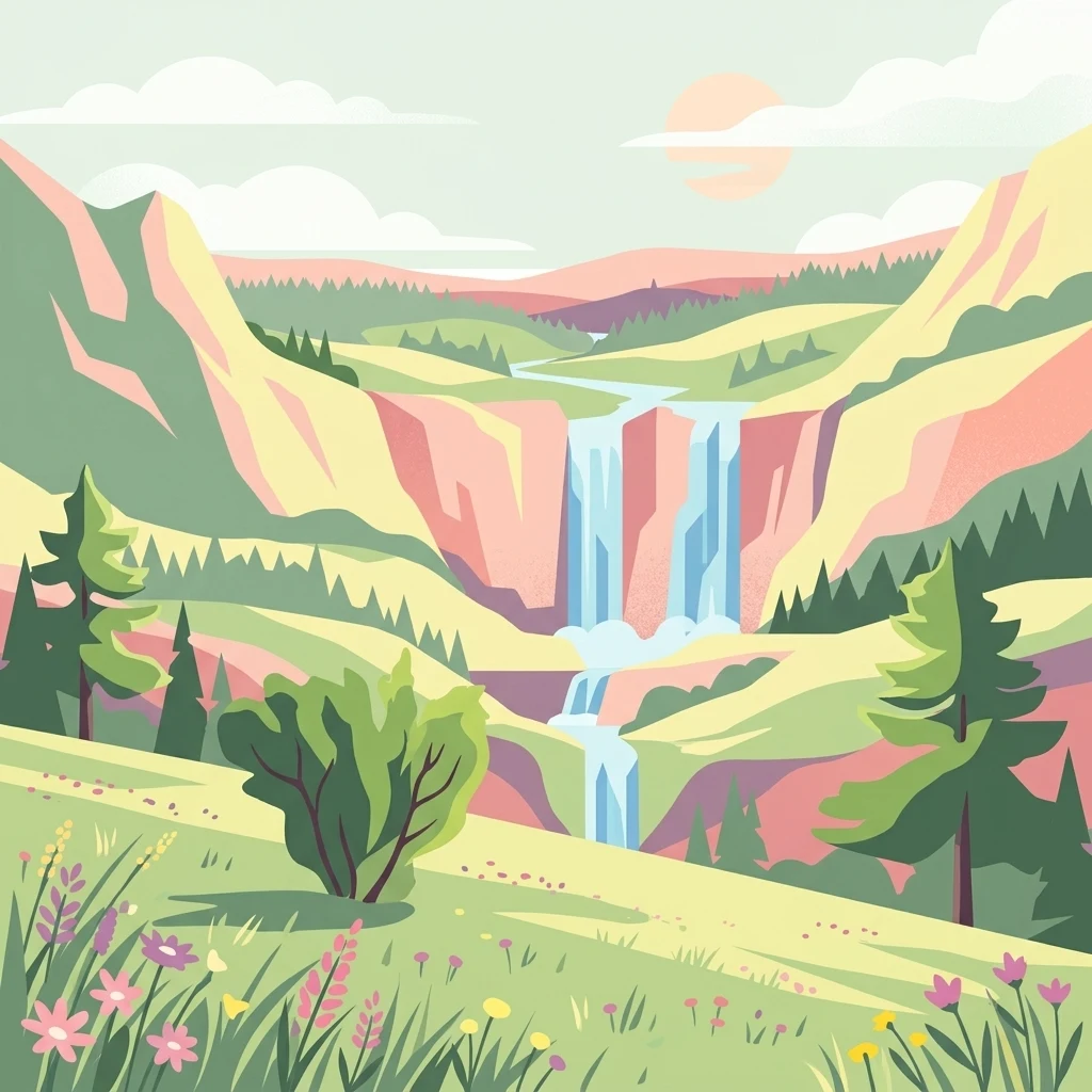 A flat-style digital illustration showing a tiered waterfall descending into a valley with rolling hills, pine forests, and a meadow full of wildflowers in the foreground.