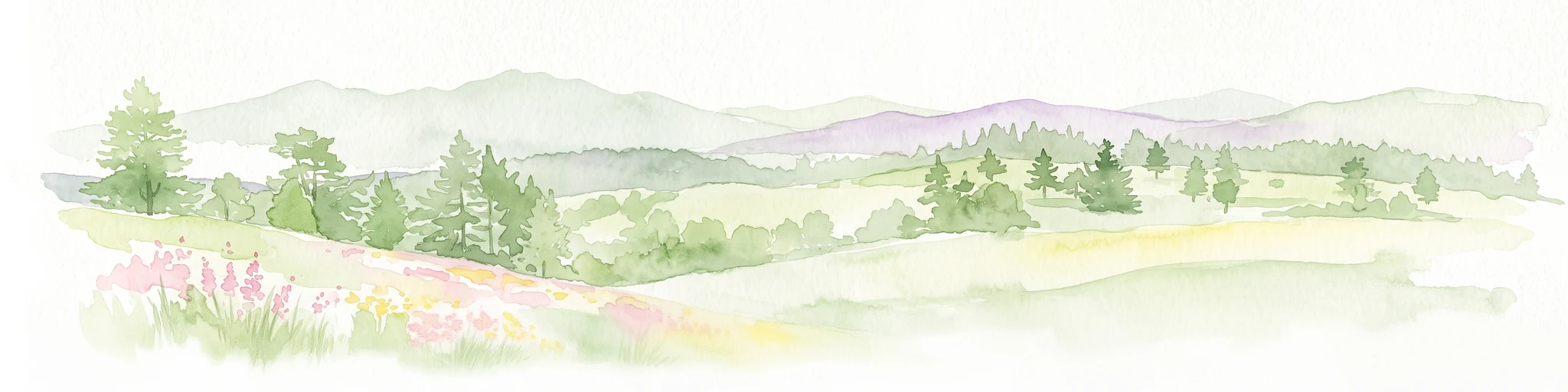 Una ilustración horizontal en acuarela que representa colinas verdes onduladas, árboles dispersos y flores en primer plano con montañas suaves al fondo.