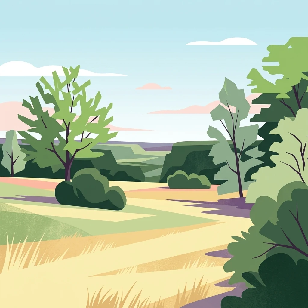 Una ilustración digital de estilo plano que muestra un paisaje ondulado de praderas con grupos de árboles y arbustos bajo un cielo despejado.