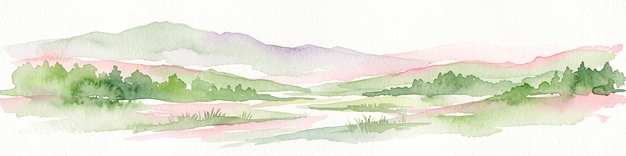 Watercolor painting of a soft, rolling landscape with green hills, a grassy foreground, and distant purple-hued ridgelines.