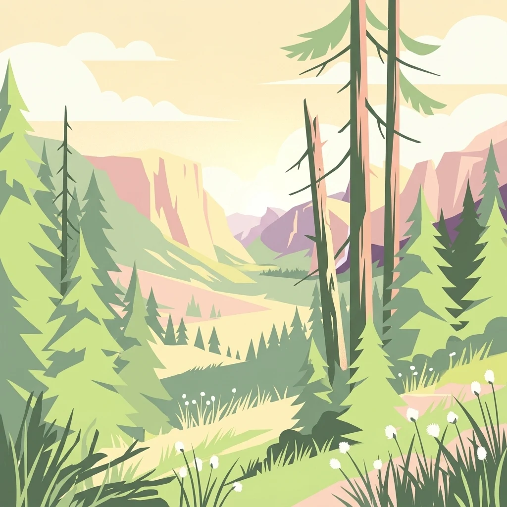 A stylized vector illustration of a forested mountain valley with evergreen trees in the foreground and distant peaks in the background under a soft light.