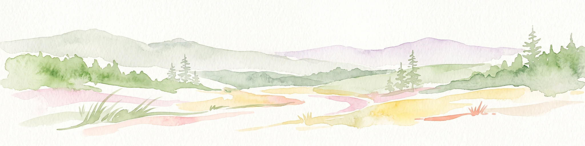 A soft watercolor painting of rolling hills, grassy meadows, and coniferous trees set against a pale background.