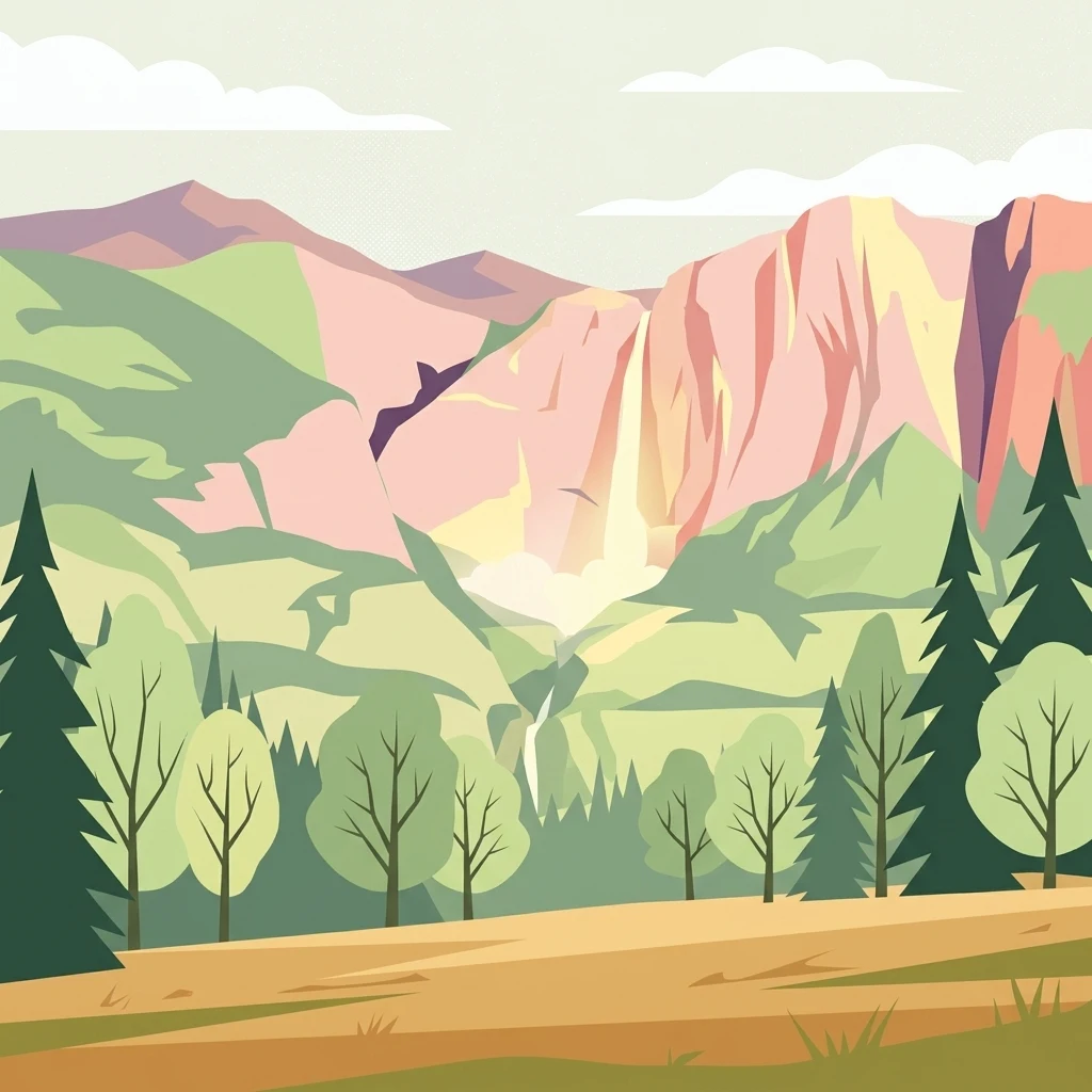 A flat-design, vector-style illustration of a mountainous landscape with a waterfall in the center, pine trees and deciduous trees in the foreground, and grassy plains.