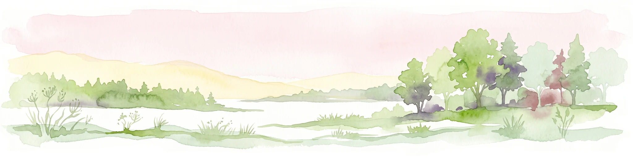 Watercolor illustration of a peaceful landscape featuring soft-colored hills, green trees, and an open foreground on a white background.