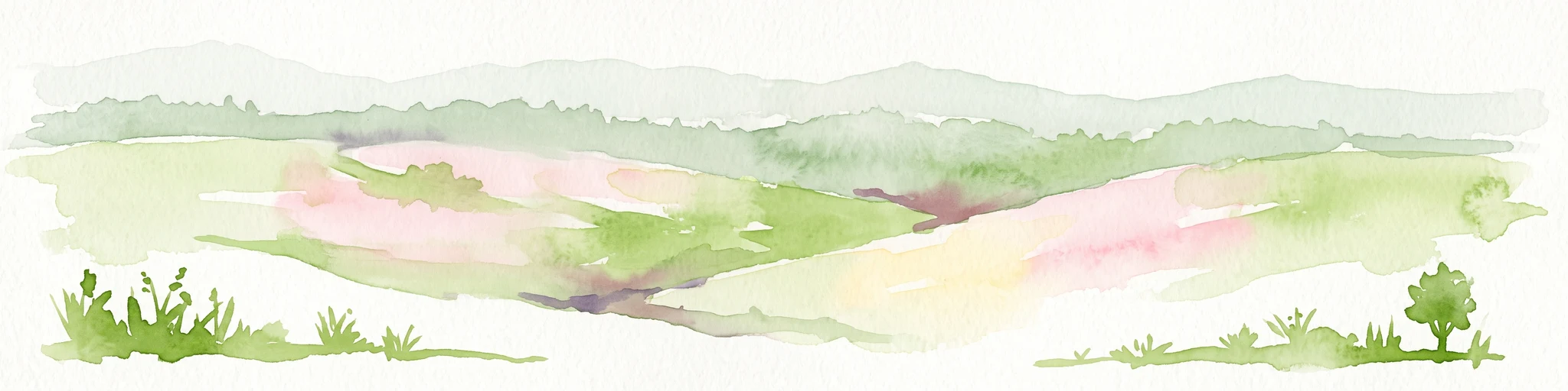 A watercolor painting showing a stylized, rolling hilly landscape with green and light pink tones, featuring minimal foreground vegetation and soft, layered hills in the background.