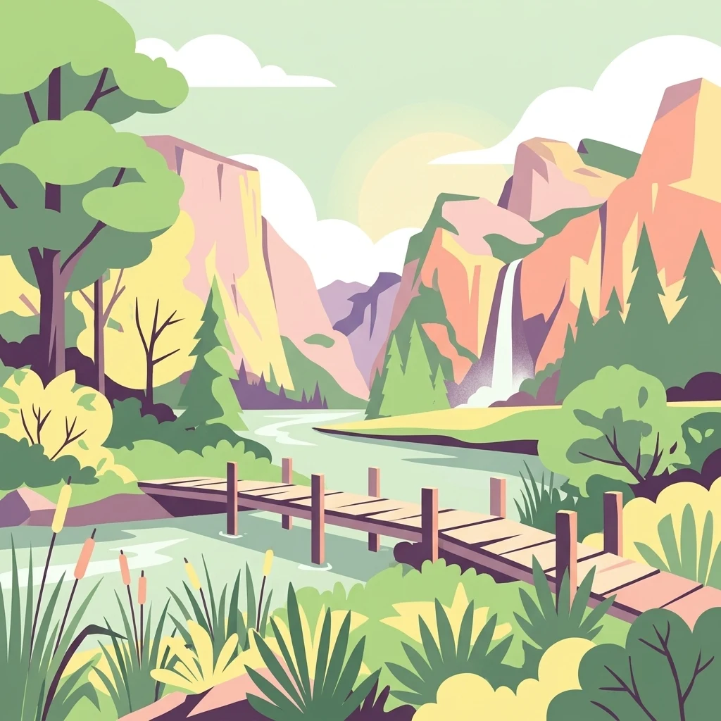 A colorful flat-design illustration of a landscape with a wooden boardwalk crossing a stream, surrounded by lush greenery, coniferous trees, and tall rock cliffs with a waterfall in the distance.