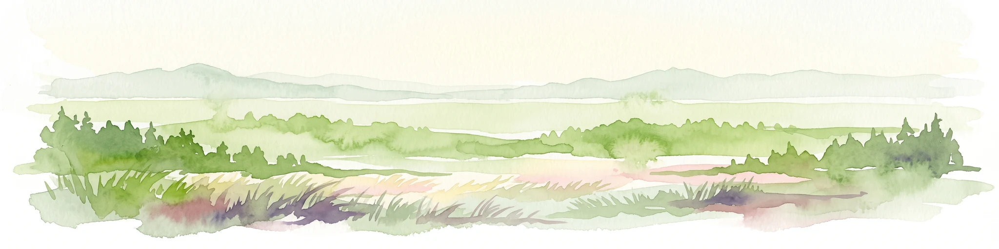 Watercolor illustration of a lush, green landscape featuring rolling hills and grassy meadows under a pale sky.