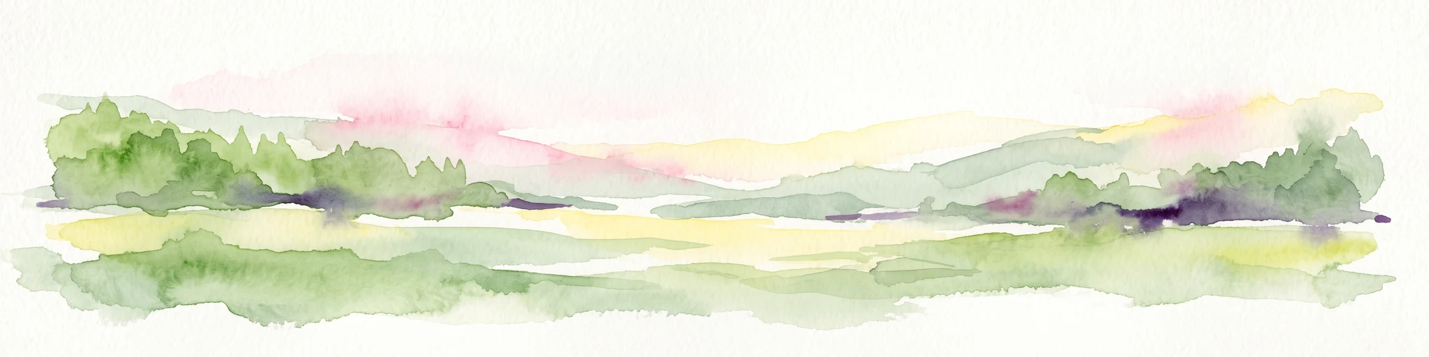 A horizontal watercolor painting depicting a soft-focus landscape with rolling green meadows, distant hills, and patches of trees.