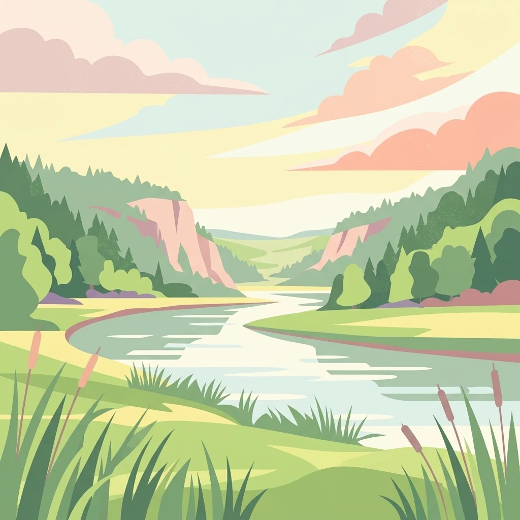 Digital vector illustration of a valley landscape with a winding river, grassy banks featuring cattails, and forested hills under a soft pastel sky.