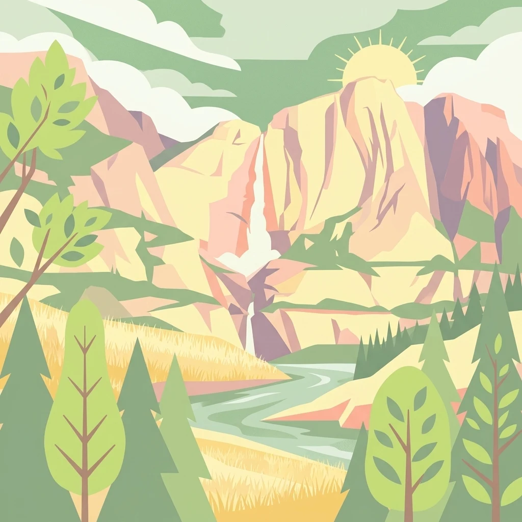A flat, stylized illustration showing a sun setting behind jagged, light-colored mountains with a central waterfall cascading into a river, framed by evergreen trees and grassy fields.