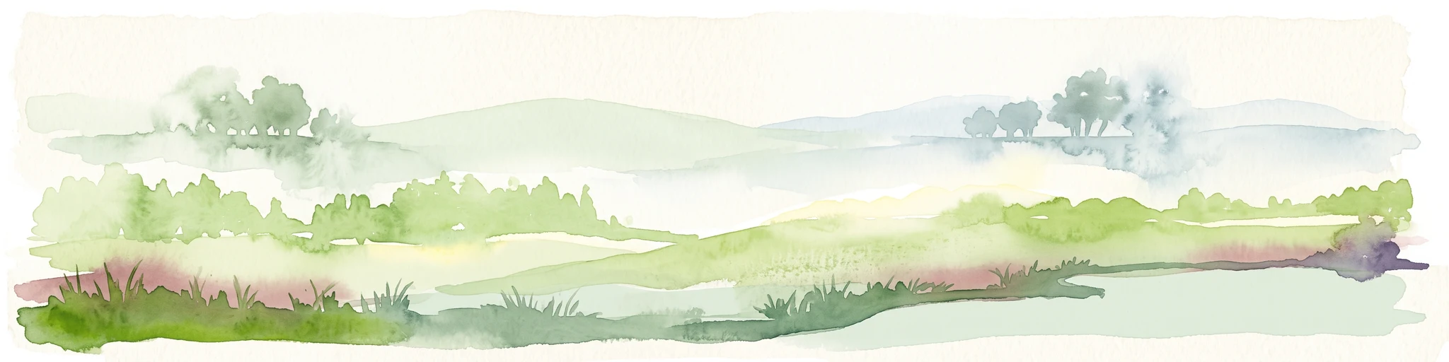 Una ilustración en acuarela que representa un suave paisaje panorámico de colinas onduladas, árboles dispersos y zonas de pradera con una paleta de colores apagados.