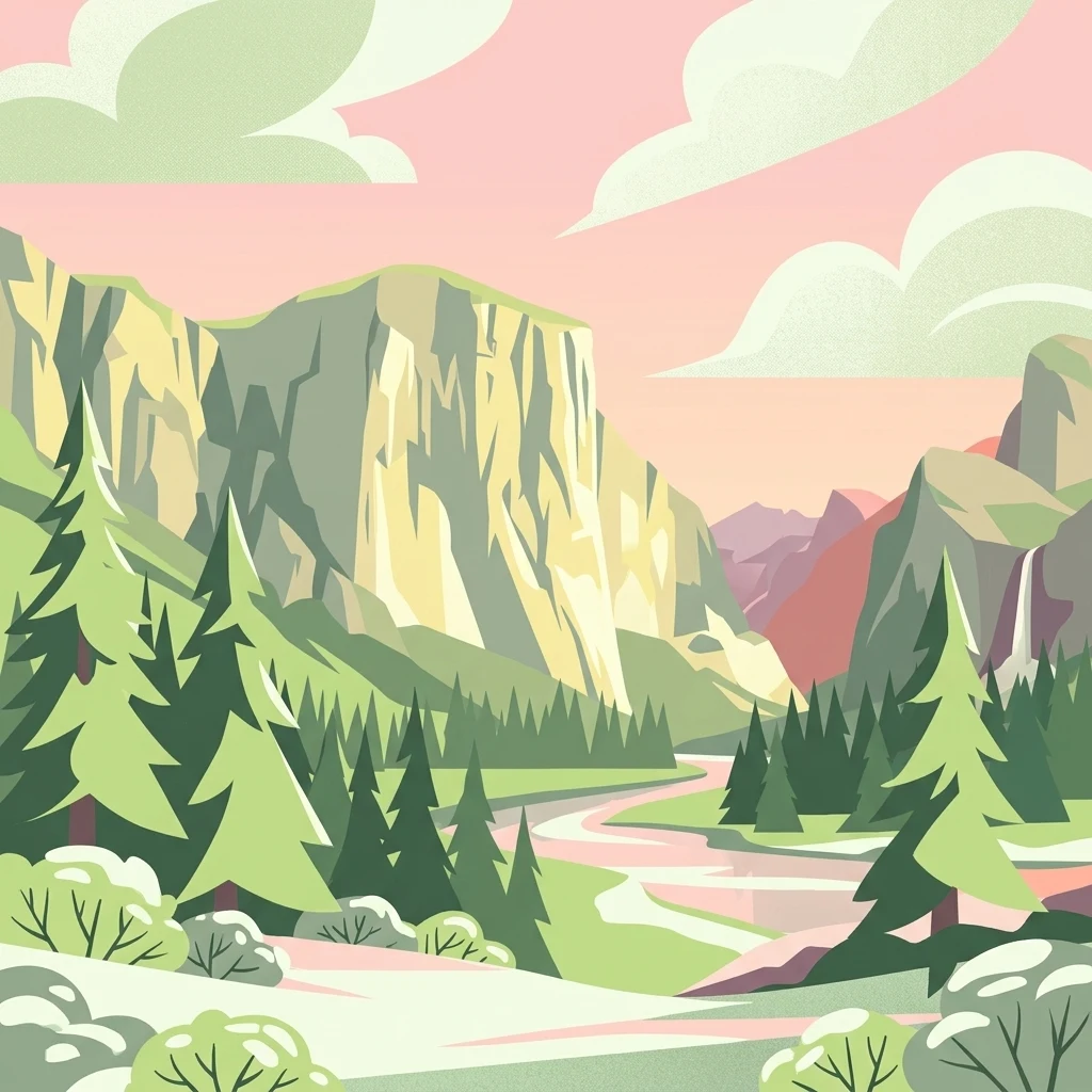 A graphic illustration of a mountain valley scene featuring steep cliff walls, pine trees in the foreground, a winding river, and soft clouds against a light pink sky.