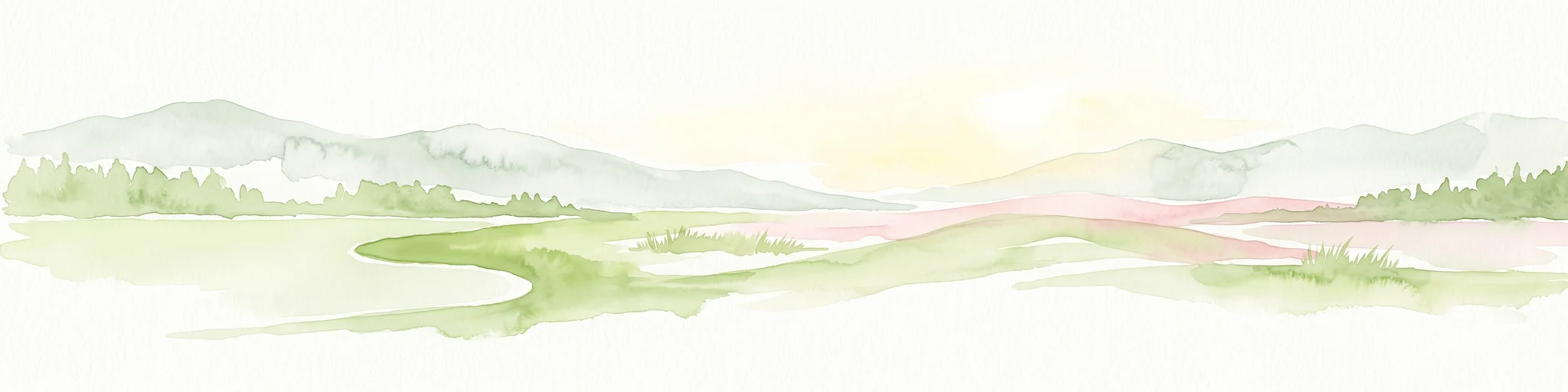 Watercolor painting of a soft, panoramic landscape with rolling green hills, a gentle path or stream, and misty mountain silhouettes in the background under a pale sky.