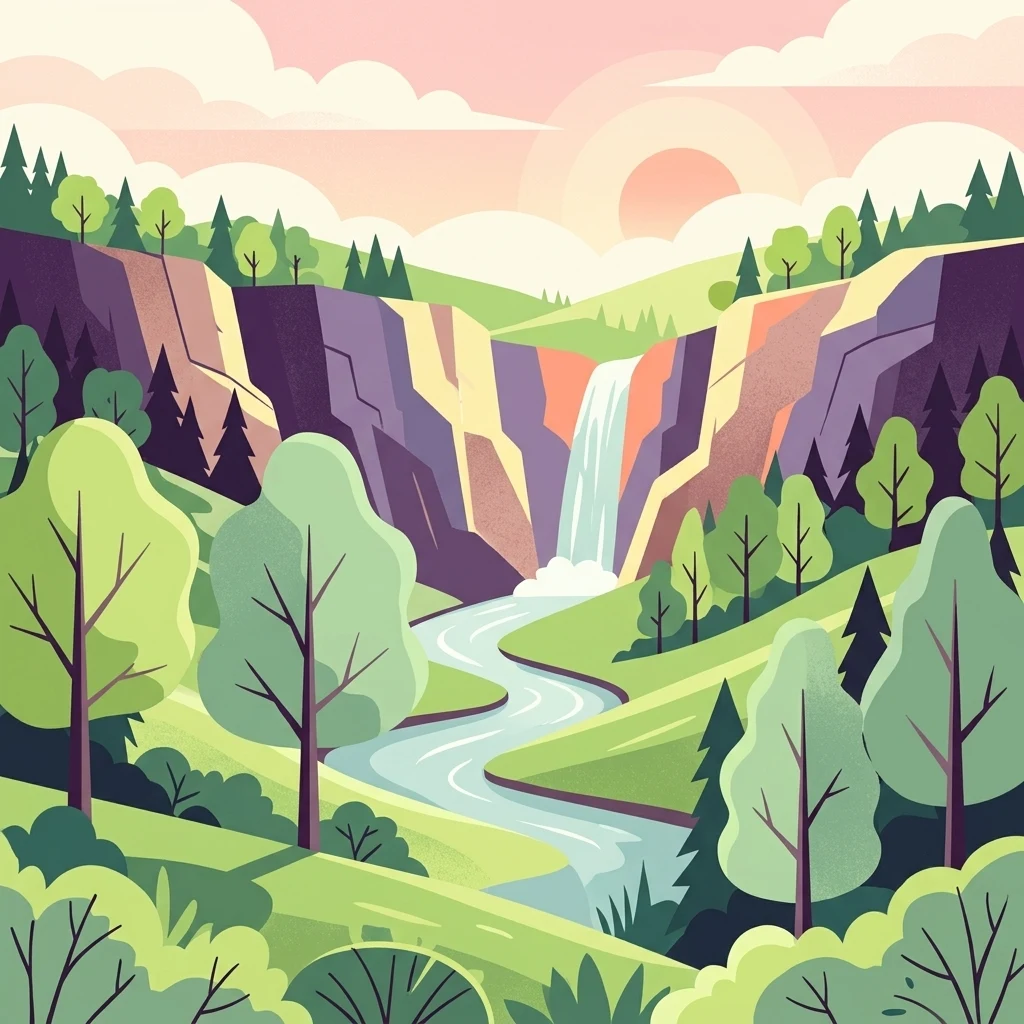 A stylized digital illustration of a green, tree-covered valley featuring a central waterfall flowing into a winding river under a soft sunlit sky.