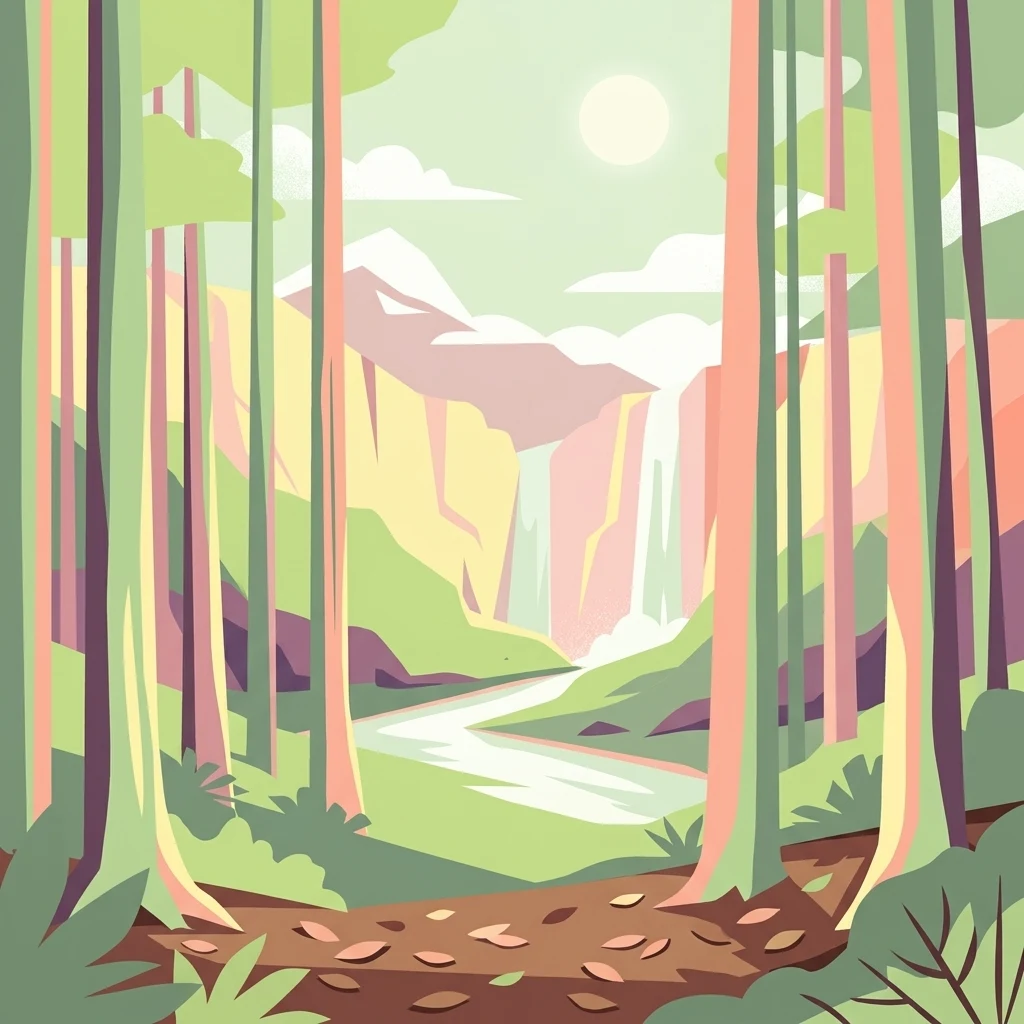 A flat vector-style illustration showing a forest with tall trees in the foreground, a winding river, and a distant waterfall cascading down rocky cliffs under a pale sun.