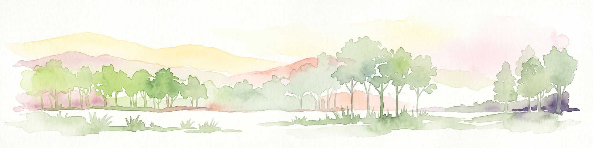 Ilustración en acuarela de un paisaje abierto y tranquilo con colinas suaves al fondo y grupos de árboles en primer plano.