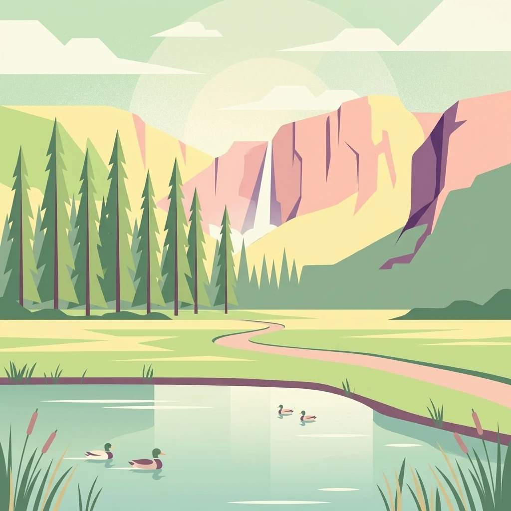 Vector illustration showing a pond with ducks in the foreground, a winding path leading through a meadow, coniferous trees, and tall mountains with a waterfall in the background.