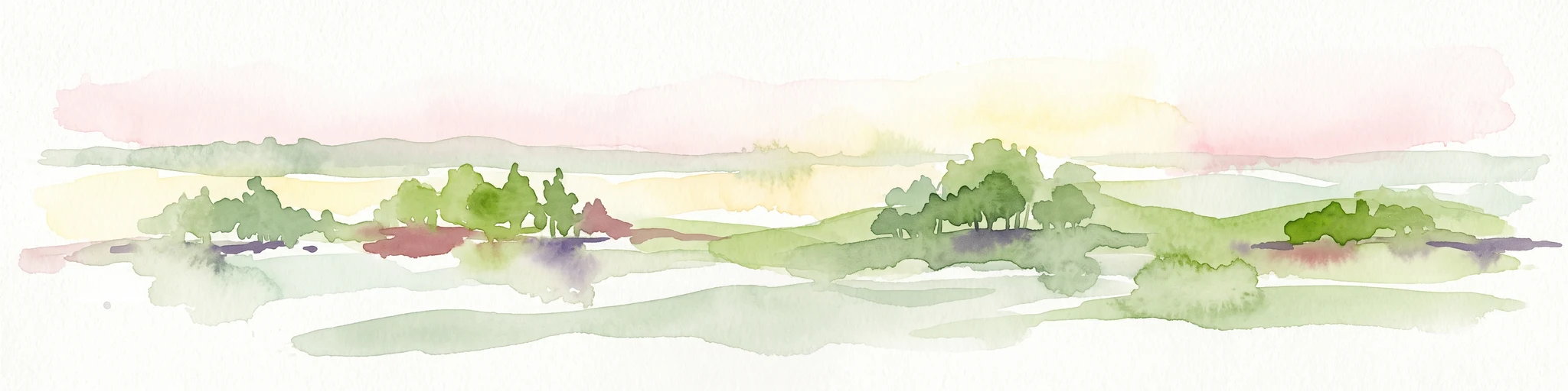 A horizontal watercolor illustration depicting a soft, rolling landscape with clusters of green trees against a pale, light-colored background.