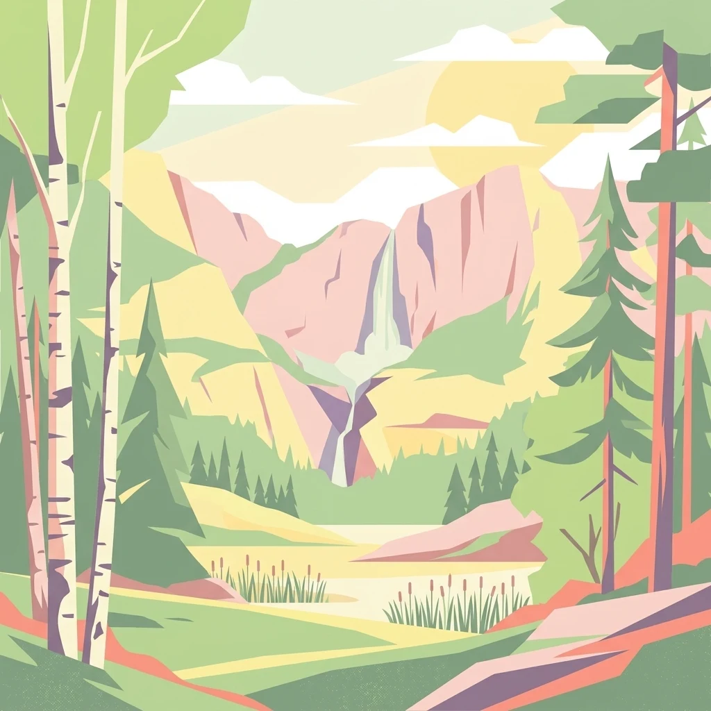 An artistic vector illustration of a forested mountain valley with a waterfall in the center and birch trees in the foreground.