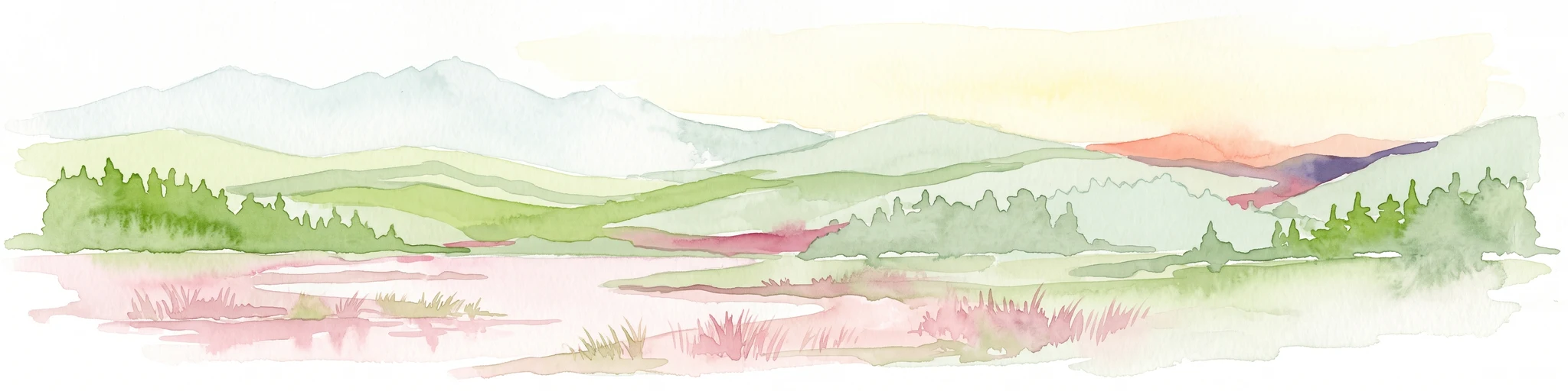 Watercolor painting of a landscape featuring soft green hills, coniferous trees, and low-lying wetland vegetation in shades of pink and green.