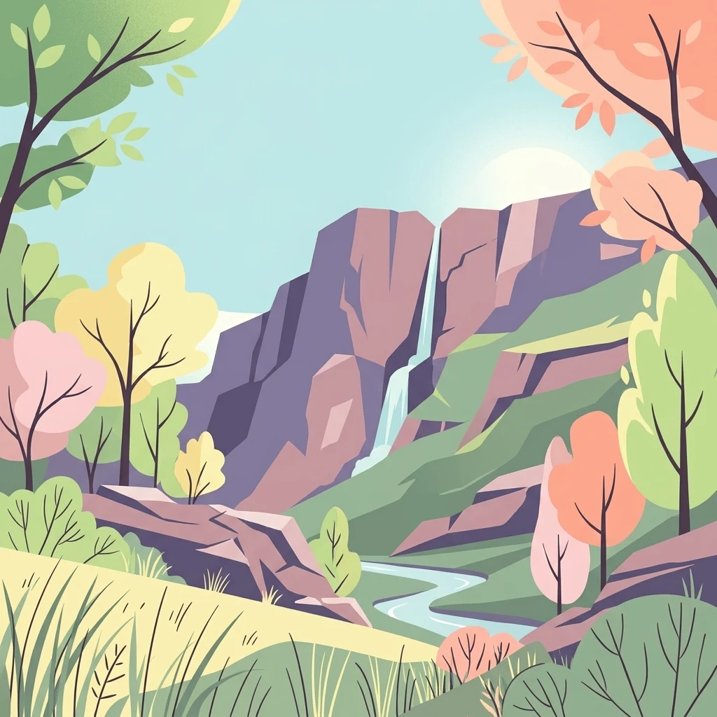 Una ilustración de estilo vectorial plano de un cañón rocoso con una cascada que cae por la pared hacia un río, enmarcado por árboles estilizados y colinas cubiertas de hierba.