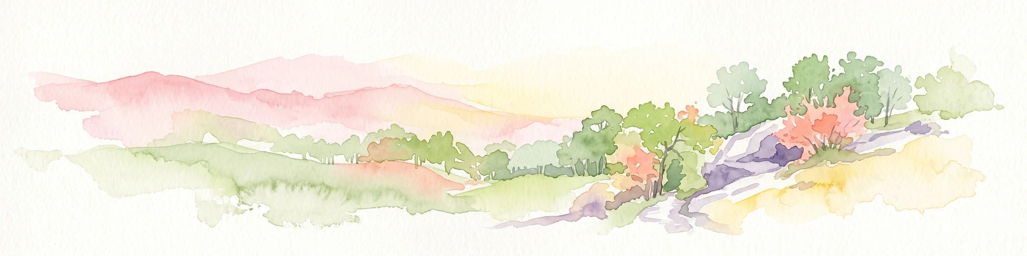 A soft watercolor illustration showing a landscape with rolling hills in the background, a cluster of green trees, and a rocky outcrop on the right side.