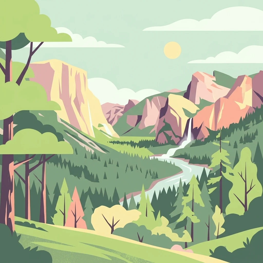 A flat-style digital illustration of a valley between rocky mountains, featuring a river, a small waterfall, and a forest in the foreground.