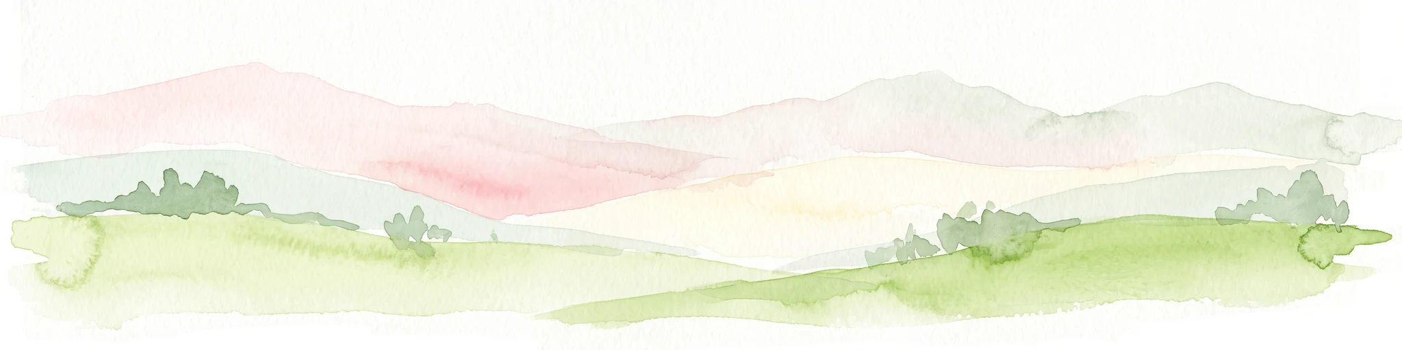 A horizontal watercolor illustration depicting soft, rolling green hills and distant pink-toned mountain silhouettes against a white background.