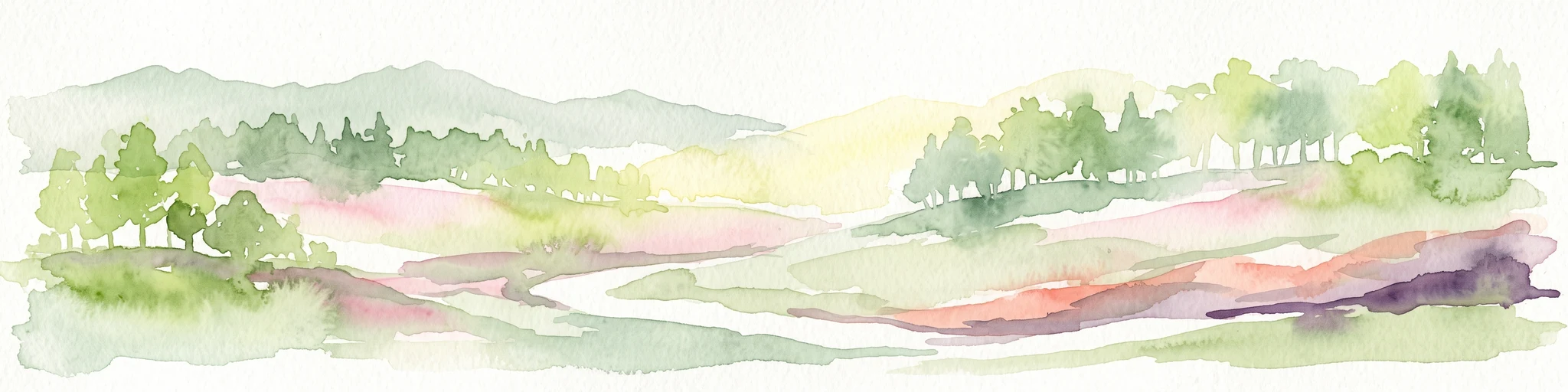 A soft watercolor illustration of a rolling natural landscape with green trees, distant hills, and gentle colors on a white background.