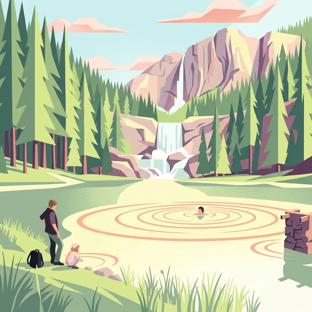 Una ilustración de estilo vectorial estilizado que muestra a un hombre y un niño de pie en la orilla cubierta de hierba de un estanque, observando a un nadador en medio del agua, con una cascada y un bosque al fondo.